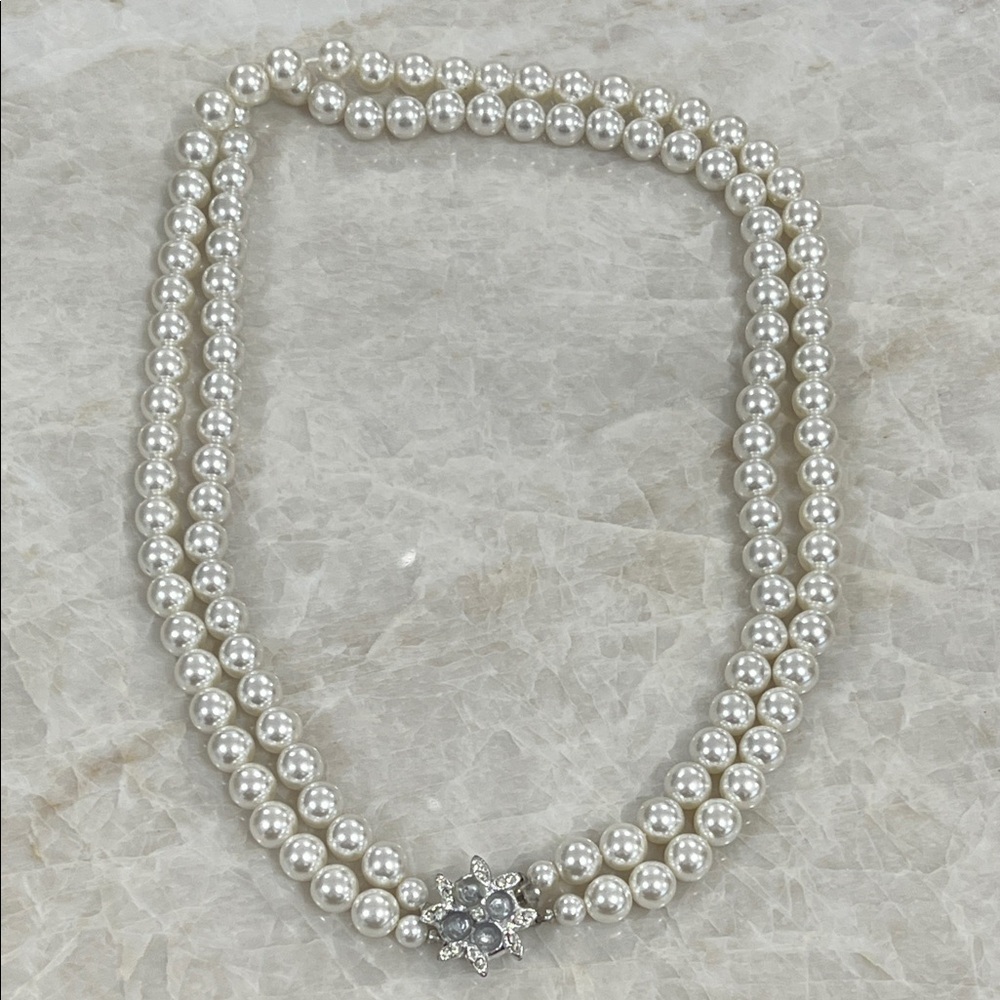 Vintage Costume Double-Strand Pearl Necklace with Silver Accent